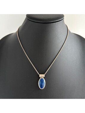 Vintage Mexico Sterling Silver Blue Art Glass Cabochon Pendant Modernist